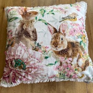 Bunny Tales Pier 1 Imports Easter Pillow 100% Cotton 20x20 3D Embroidery &Fringe